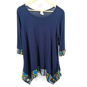 R Rouge Navy Blue Tunic Top Aztec Tribal Hem Womens Plus Sz 2X Bohemian Western